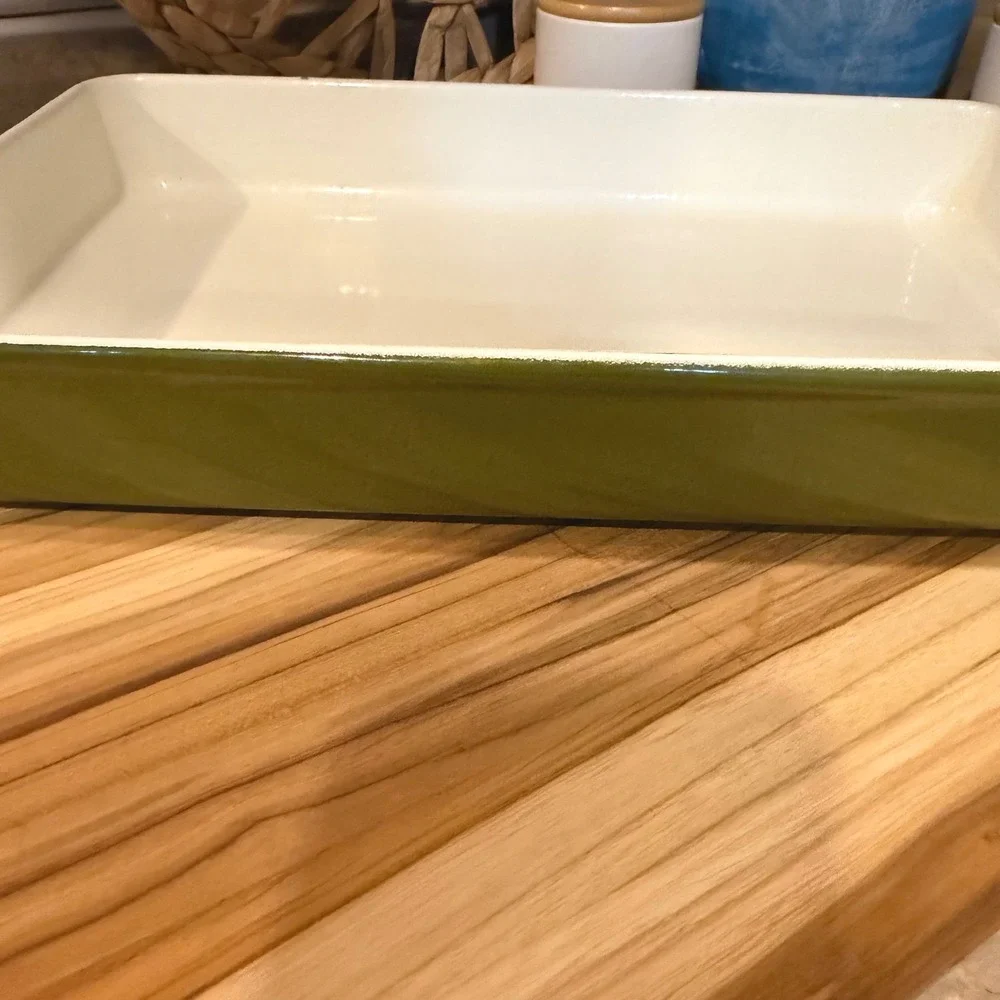 Vintage Copco Michael Lax Denmark Olive Green Enameled Cast Iron Baker 14